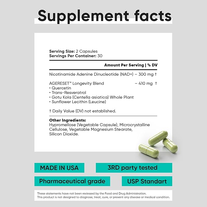 AGERESET NAD Supplement NMN Alternative Liposomal + Gotu Kola for Women & Men w/Resveratrol, Quercetin, Gotu Kola