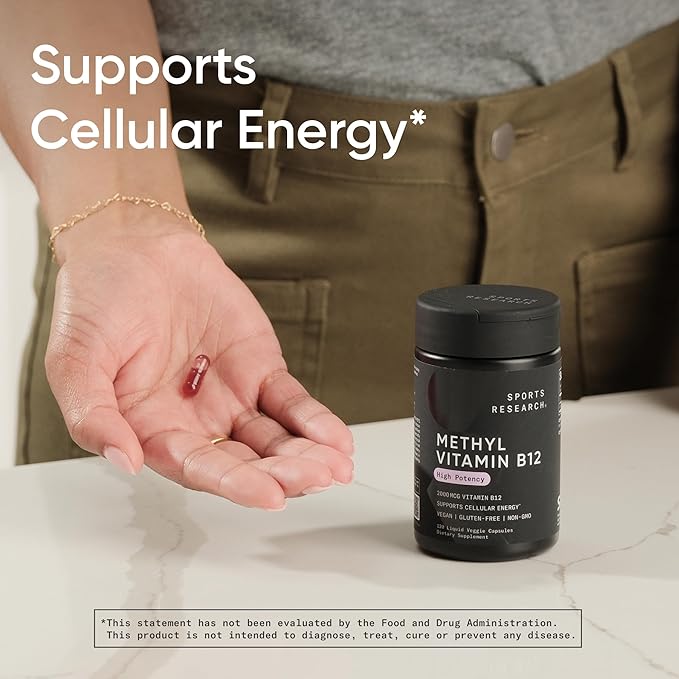 Sports Research® Vitamin B12 as Methylcobalamin 2000mcg - Plant Based B12 w/Coconut MCT Oil for Energy Metabolism Support - Vegan Certified · Non-GMO · Gluten Free - 120 Liquid Caps