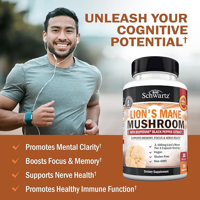 BioSchwartz Organic Lions Mane Supplement Capsules (90 Count) 2100mg Lions Mane Mushrooms with BioPerine for Max Absorption, Active Compound Verified, Nootropic Brain Supplements for Memory and Focus