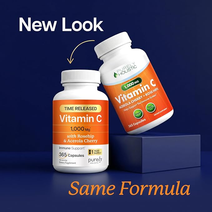 Purely Holistic Vitamin C 1000mg, 365 Capsules, 12 Month Supply, 2 Stage Timed Release with Ascorbic Acid, Rosehip & Acerola Cherry Bioflavonoid, Immune System Support, Vegan