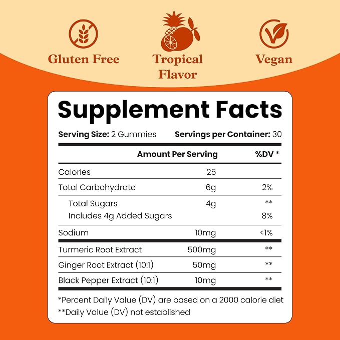 BeLive Turmeric and Ginger Gummies - 500mg - Joint and Mobility Support Supplement - Curcumin with Black Pepper for Enhanced Absorption - Tropical Flavor - 3 Pack, 180 Count