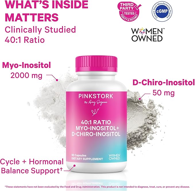 Pink Stork Inositol Supplement for Women – 40:1 Myo-Inositol & D-Chiro Inositol – Hormone Balance for Women – Healthy Ovulation & Fertility Support – Cycle Regularity & Metabolic Wellness, 30 Servings