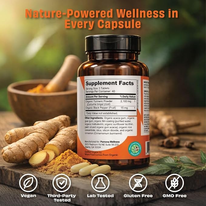 Pomona Wellness Organic Turmeric Supplement 2100 mg, USDA Organic, Non-GMO, Vegan, Turmeric Curcumin with Black Pepper for Absorption, for Joint Support and Immunity, 120 Tablets