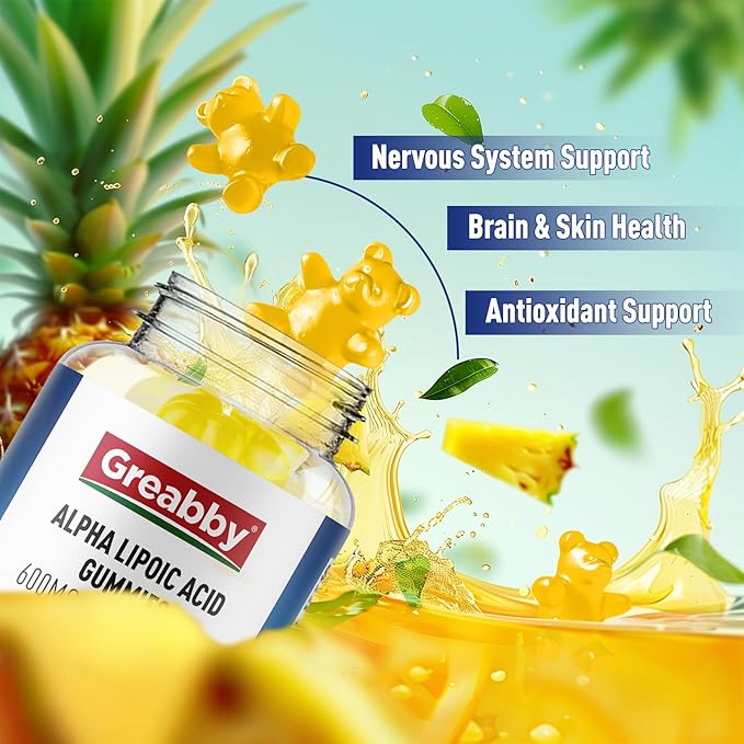 Alpha Lipoic Acid 600mg Gummies, Sugar Free Chewable R Lipoic Acid Supplement for Antioxidant & Nervous System Support, Brian & Skin Health, Pineapple Flavor, 60 Count