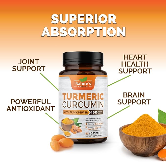Turmeric Curcumin Supplement Complex - BioPerine Black Pepper Extract Advanced Absorption Curcuminoids for Nature's Joint Support - Antioxidant Herbal Supplement for Women & Men, Non-GMO - 60 Softgels