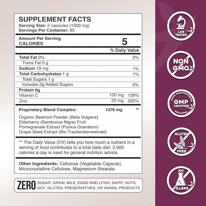 Gade Nutrition Hero Beets - Beet Root Capsules 1500mg - Organic Beet Root Powder + Vitamin C Zinc, Elderberry, Pomegranate, Grape Seed Extract - 3 Months Supply