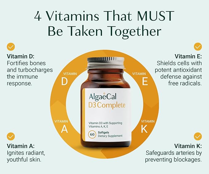 ALGAECAL D3 Complete - Enhanced Immune Support & Bone Health with D3 K2, A, & E - Whole Body Wellness & Bone Strength, 60 softgels (1 Pack)