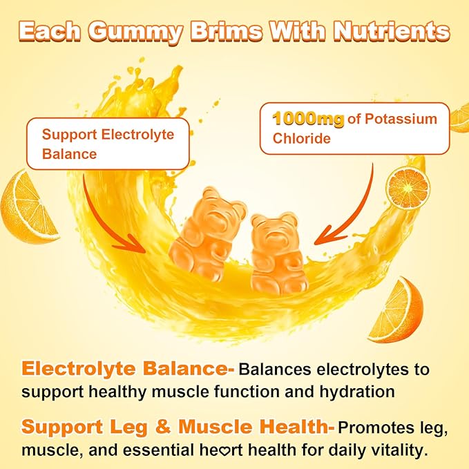 Sugar Free Potassium Gummies, Potassium Chloride for Adults, Potassium Supplement for Women & Men, Electrolyte Balance, Prevent Leg Cramp, Support Muscle & He♡rt Health, Orange Flavor, 60 Count