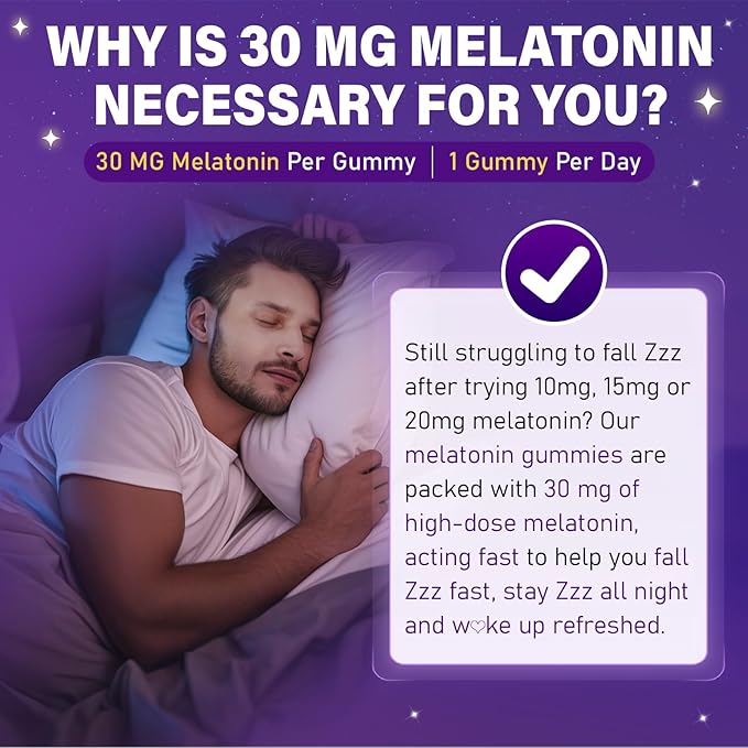 Melatonin 30mg Gummies for Adults - Sugar Free Melatonin Gummies Maximum Strength with Magnesium, B6, GABA & Botanical Blend - Non-Habit Forming,Vegan, Non GMO, Natural Mixed Berry Flavor