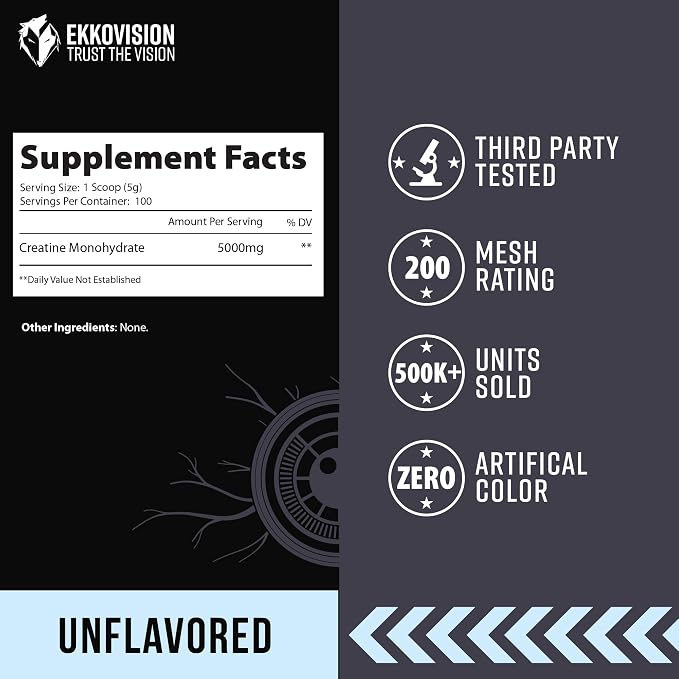 Ekkovision Creatine Monohydrate Powder, Micronized, Unflavored, Pre Workout & Post Workout Supplement for Men and Women, Energy Support, Easy to Mix in Shakes, Smoothies & Beverages, 100 Servings