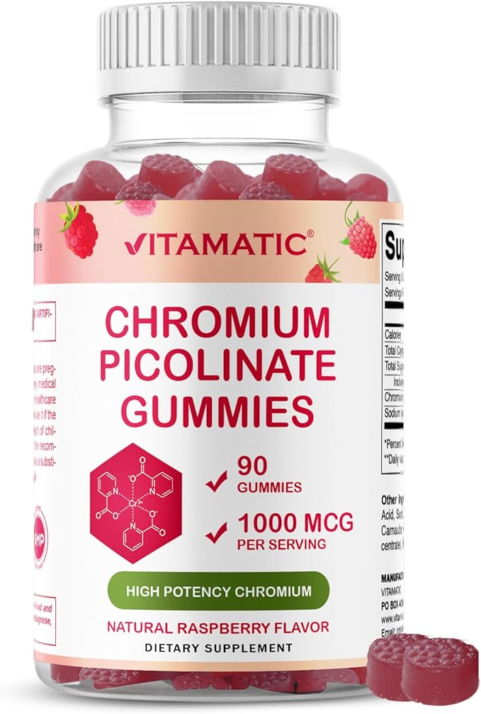 Vitamatic Chromium Picolinate 1000 mcg - 90 Gummies - High Potency Chromium - Raspberry Flavor