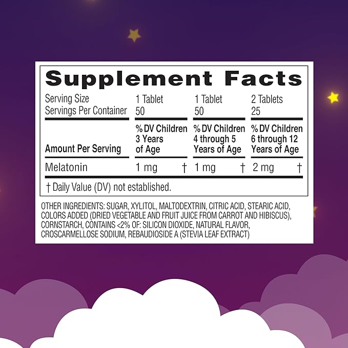 Zarbee's Kids Melatonin Chewable Tablet, 1mg Melatonin, Drug-Free & Effective Sleep Supplement, Natural Grape Flavor, No Artificial Sweeteners or Dyes, Gluten Free, Ages 3+, 50 ct