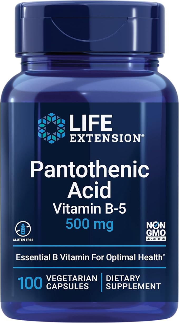 Life Extension Pantothenic Acid, 500 mg, Vitamin B5, Calcium, Support Healthy Metabolism, Mitochondrial Energy Production, Gluten-Free, Non-GMO, Vegetarian, 100 Capsules