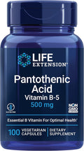 Life Extension Pantothenic Acid, 500 mg, Vitamin B5, Calcium, Support Healthy Metabolism, Mitochondrial Energy Production, Gluten-Free, Non-GMO, Vegetarian, 100 Capsules