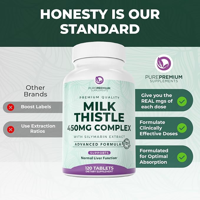 PurePremium Milk Thistle Supplement – Liver Cleanse Detox & Repair, 80% Silymarin Standardized Extract – 450mg Complex Supports Normal Liver Function – Non-GMO, Gluten-Free - 120 Supply