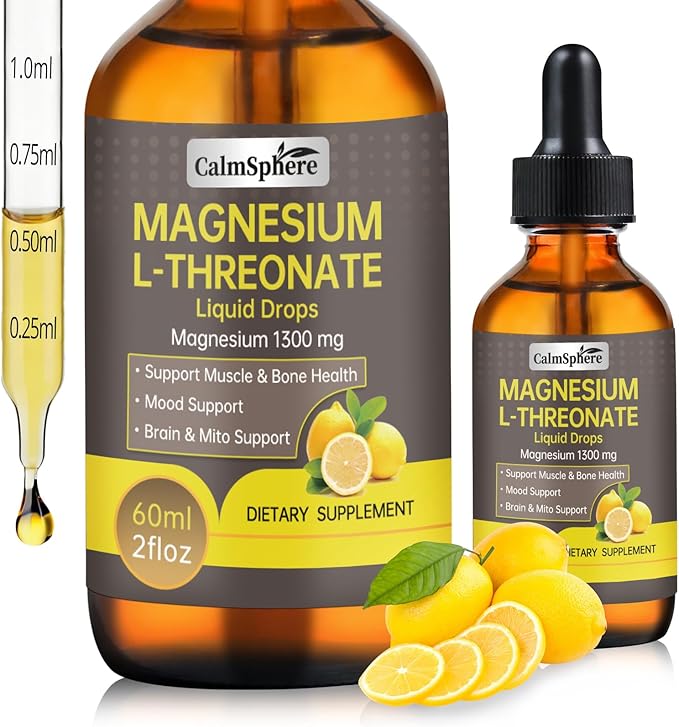 High Absorption Magnesium L-Threonate 1300mg Liquid Drops with L-Theanine&GABA,Supports Brain Function,Deep Sleep Quality&Stress Relief,Natural Lemon Flavor,Fast Acting GMP Certified,Adults & Kids