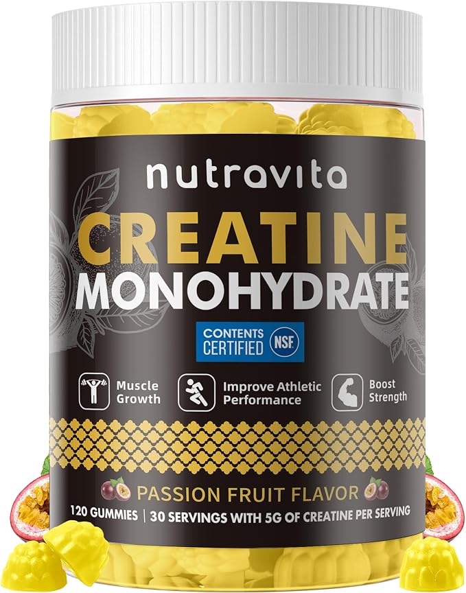 Nutravita NSF Certified Creatine Gummy - Creatine Monohydrate Gummies for Men & Women-5g of Creatine Monohydrate per Serving - Sugar Free,Vegan, Passion Fruit Flavor, 120 Count