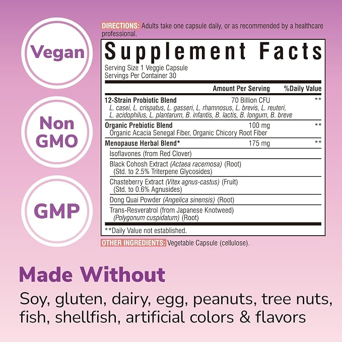 Vitalibre Menopause Probiotics for Women 70 Billion CFU, 12 Targeted Strains, Organic Prebiotics, Black Cohosh Resveratrol Red Clover Chasteberry Dong Quai, Hot Flash Night Sweat+, No Estrogen, 30 Ct