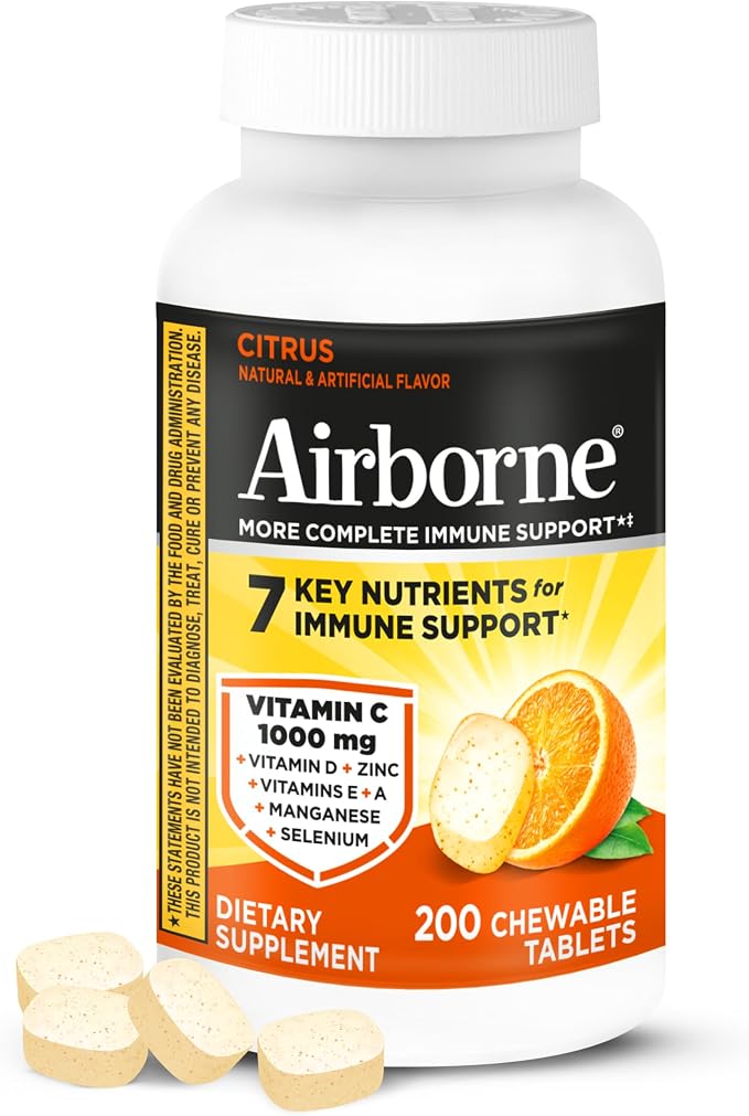 Airborne Citrus Chewable Tablets, 200ct | Immune Support Supplement with 1000mg Vitamin C + Vitamins A, D, E, Zinc,Selenium, & Manganese | Herbal Blend | Gluten Free