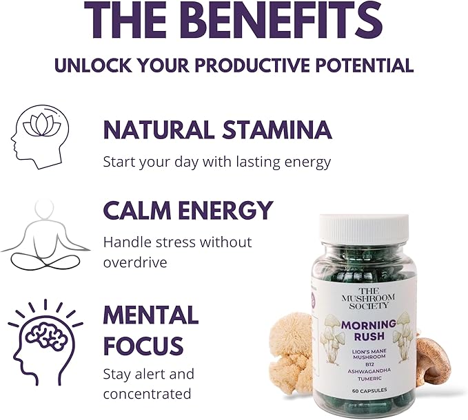Morning Rush - Lion’s Mane, Ashwagandha, Turmeric & B12 Extract Blend - Mushroom Supplement for Focus & Energy Support - 120 Vegan Capsules