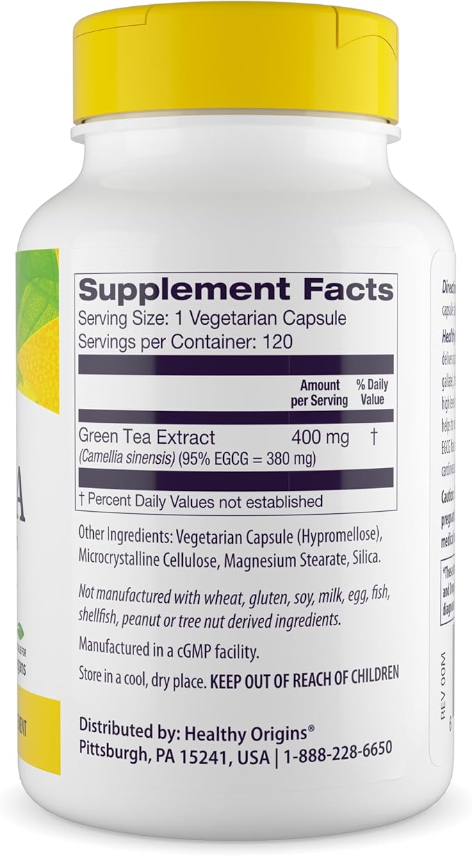Healthy Origins® Green Tea Extract 400 mg, 95% EGCG, High-Potency Antioxidant & Immune Support, 120 Veggie Capsules