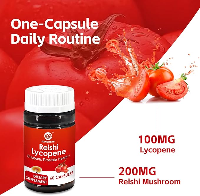 Lycopene Supplement for Men 100mg, Lycopene Capsule with 200mg Reishi Mushroom for Overall Health, 2 Month Supply, Non-GMO & Gluten Free, Vegan, 60 Rapid Release Capsules