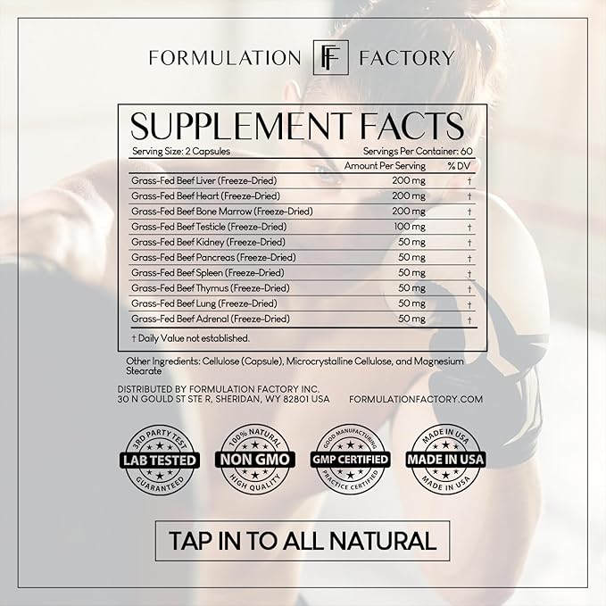 Formulation Factory Primal Power 10-in-1 Beef Organ Supplement - Grass Fed Beef Liver Capsules with Heart, Bone Marrow, Kidney, Testicle - Freeze Dried Organ - 120 Capsules, 2 Month Supply