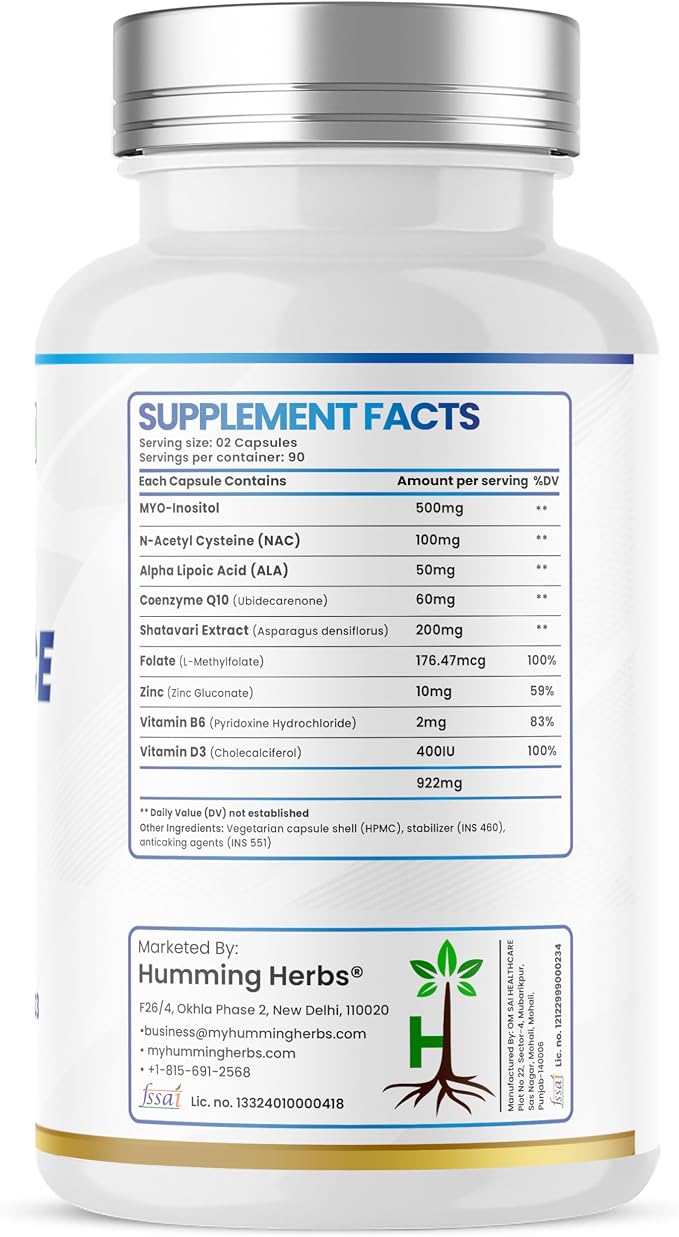 Humming Herbs Inobalance Pro+ — Myo-Inositol, NAC, CoQ10, Shatavari, Zinc, L-Methylfolate, Vitamin B6 & D3 — 922 mg per Serving — 180 Veg Capsules (180)