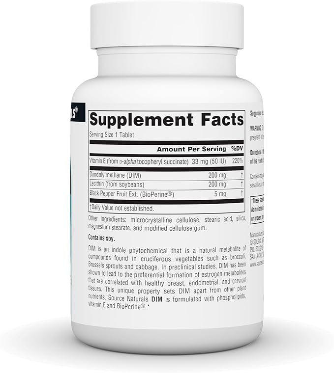 Source Naturals DIM, Diindolylmethane 200mg with BioPerine, Vitamin E & More - 30 Tablets