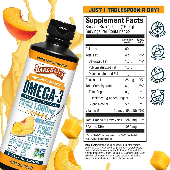 Barlean's Omega 3 Fish Oil Liquid Supplement with Vitamin D for Men and Women, 1080mg of EPA and DHA Fatty Acid, Promotes Brain & Heart Health - Non-GMO, Mango Peach, 16 oz