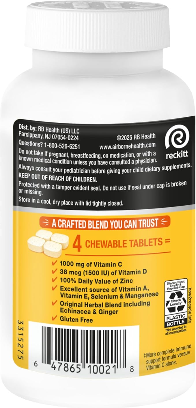 Airborne Citrus Chewable Tablets, 200ct | Immune Support Supplement with 1000mg Vitamin C + Vitamins A, D, E, Zinc,Selenium, & Manganese | Herbal Blend | Gluten Free