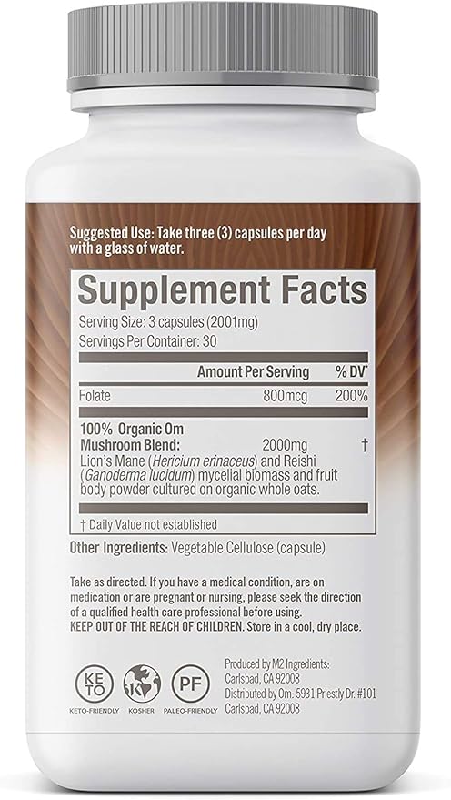 OM MUSHROOM SUPERFOOD Brain Fuel Mushroom Powder Capsules Superfood Supplement, 90 Count, 30 Days, Lion's Mane, Reishi Blend Plus Folate, Mental Clarity, Mushroom Supplement