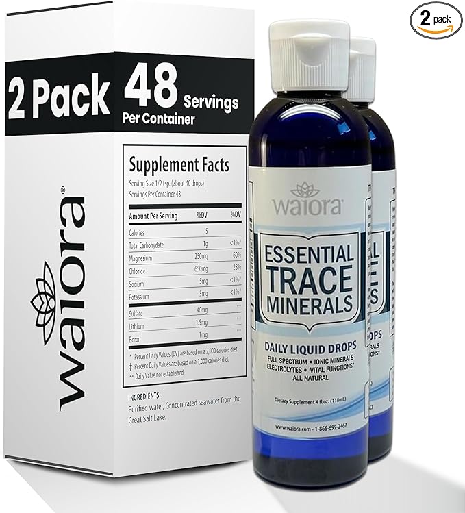 Waiora Essential Trace Minerals | Help Replenish Lost/Depleted Mineral | 60+ Ionic Trace Minerals | Support Body’s Vital Functions, pH Balance | Plus Electrolytes for Hydration (2 Bott / 96 serv)