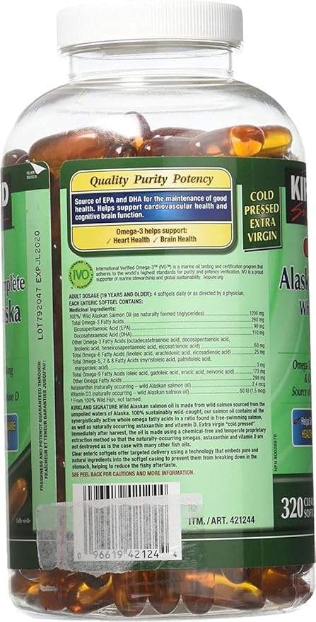 Kirkland Signature 100% Wild Alaskan Salmon Oil 90 EPA 110 DHA 1200mg - 320 Enteric Coated Softgels