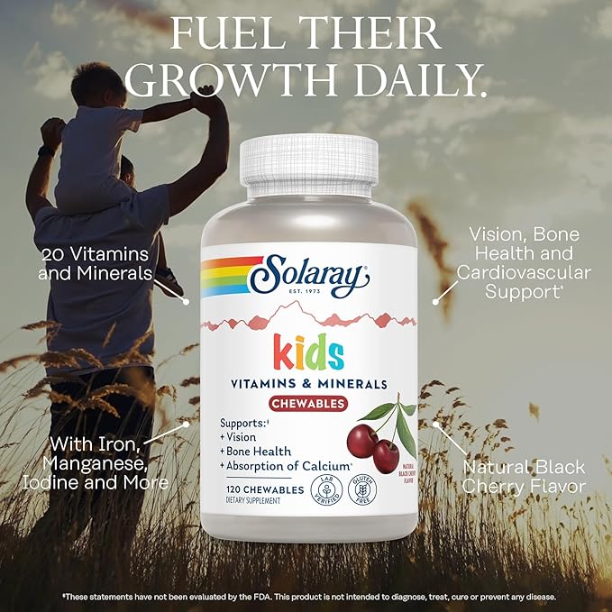 SOLARAY Kid's Vitamins & Minerals, Multivitamin for Kids - Bones, Vision, Heart Health Support w/Vitamin C, Vitamin D and B2, Iron - Gluten Free, 120 Black Cherry Chewables, 60 Servings