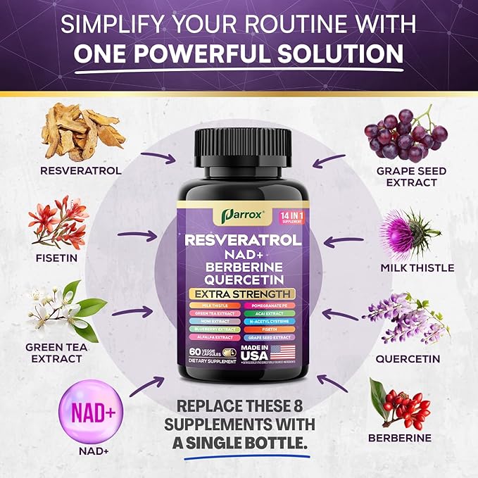 Resveratrol Supplement with Milk Thistle, NAD, Berberine, Quercetin, Fisetin, Pomegranate, Green Tea, Noni, Acai, Blueberry, Grape Seed Extracts, N-Acetyl Cysteine, 14-in-1 Extra Strength (120 Caps)
