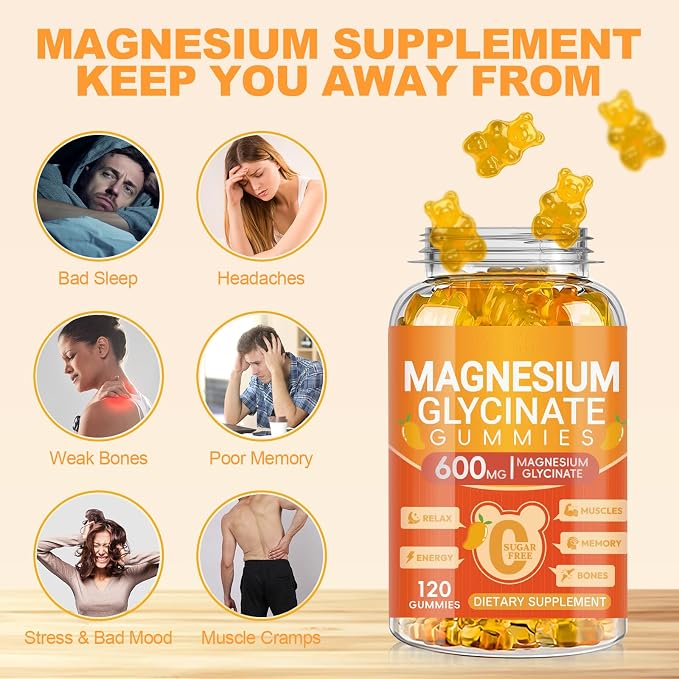Magnesium Glycinate Gummies 600mg, Chewable Sugar Free Potassium Magnesium Gummies with Magnesium Glycinate, Vitamin D, B6 and CoQ10 for Sleep, Relaxation, Brain & Muscle, 120 Count