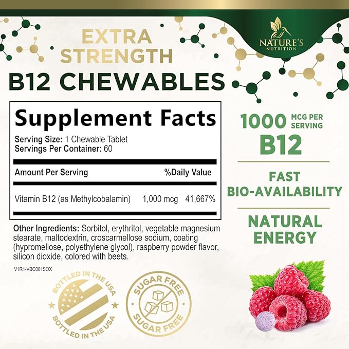 Vitamin B12 - 1000 mcg Per Serving Maximum Strength Methylcobalamin B-12 Chewable Tablet - Energy, Nervous System & Brain Support - Fast Dissolve, Gluten-Free, Non-GMO for Women & Men - 60 Tablets