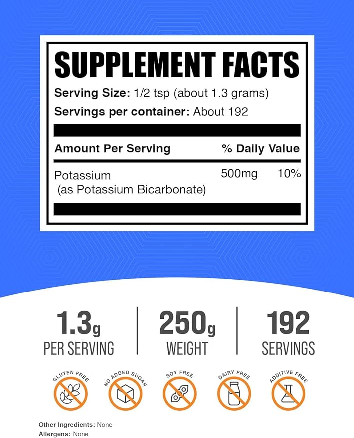 BulkSupplements.com Potassium Bicarbonate Powder - Potassium Bicarbonate Food Grade, Mineral Supplement - 1.3g per Serving, 250g (8.8 oz) (Pack of 1)