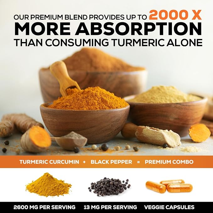 Turmeric Curcumin Supplement - 2400mg Organic Turmeric Per Serving - 95% Curcuminoids & BioPerine Black Pepper Extract for Best Absorption - Natural Vegan Joint Support, Bottled in USA - 240 Capsules