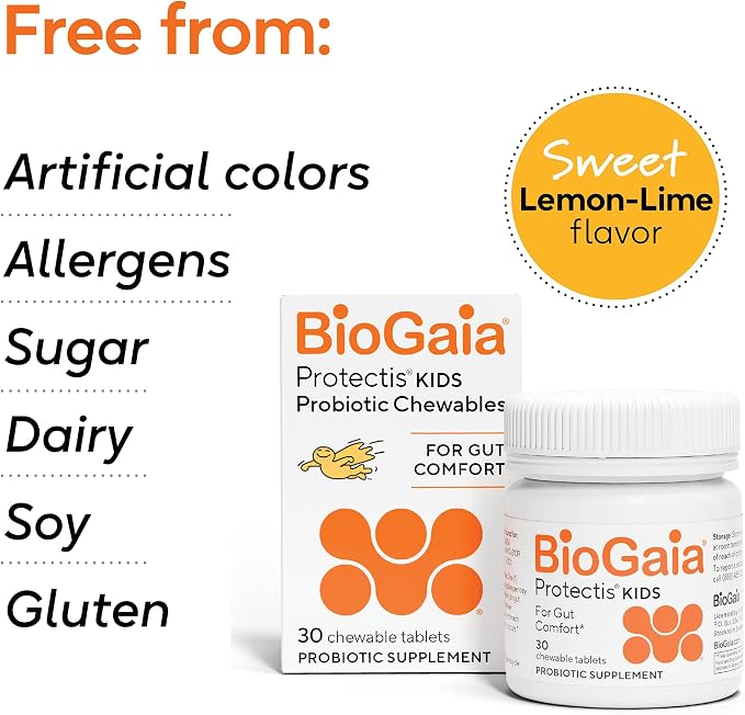 BioGaia Kids Probiotic Chewables | Promote Regularity | Ease Occasional Tummy Troubles | Ages 3+ | Allergen, Dairy, Soy & Gluten Free | Backed by 30 Years of Probiotic Research | 60 Day Supply