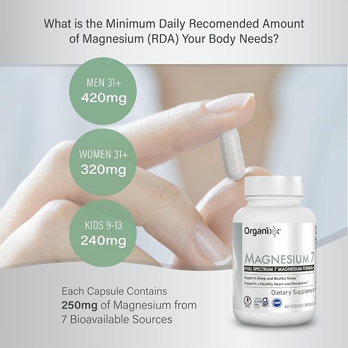 Organixx Magnesium Glycinate Supplement for Support Sleep, Muscle & Heart Health, 7 Type Magnesium Complex with Vitamin B6, Manganese Citrate, Gluten Free, Vegan, Non GMO, High Absorption, 60 Capsules