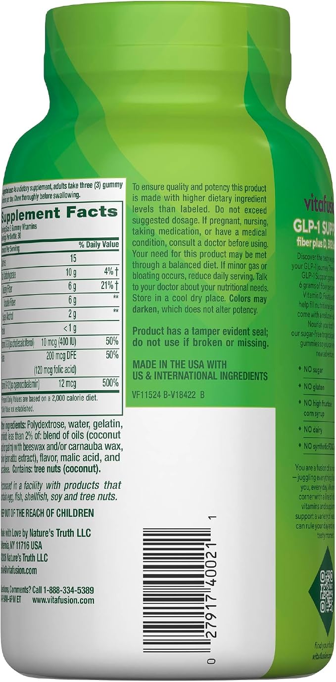 Vitafusion GLP1 Gummy Supplement | 90 Sugar Free Gummies | Vitamin & Mineral Blend with Fiber, D3, B12, and Folate | for Women & Men | Tropical Peach Flavor | Gluten Free Formula