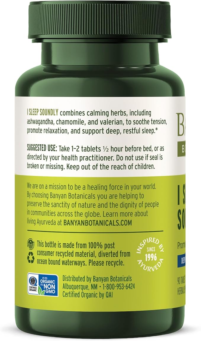 Banyan Botanicals I Sleep Soundly–Organic Deep Sleep Supplement –Natural Melatonin-Free Sleep Aid for Relaxation & Nighttime Tension–with Ashwagandha,Valerian & Chamomile-90 Tablets-USDA Organic