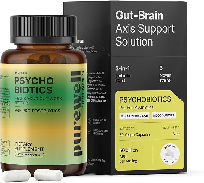 Psychobiotics – Advanced 3-in-1 Probiotic Prebiotic Postbiotic Supplement for Gut and Mood Support - 60 Vegan Probiotic Capsules – 50 Billion CFU – 1-Month Supply