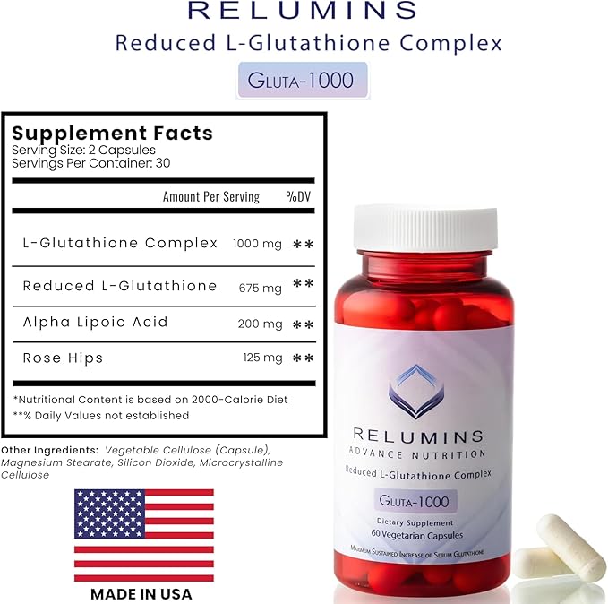 Relumins L-Glutathione Supplement Complex - Spring Glow Essentials - World’s Most Advanced Reduced Glutathione 1000mg with Alpha Lipoic Acid for Smoother & Brighter Skin, Made in USA - 30 Caps
