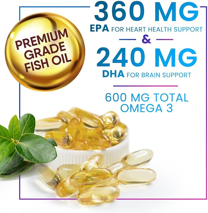 Omega 3 Fish Oil Supplements - 2400mg Fish Oil Per Serving - Triple Strength Omega-3 with Fatty Acids EPA & DHA - Natural Heart, Brain & Immune Support - Wild Caught, Bottled in USA - 60 Softgels