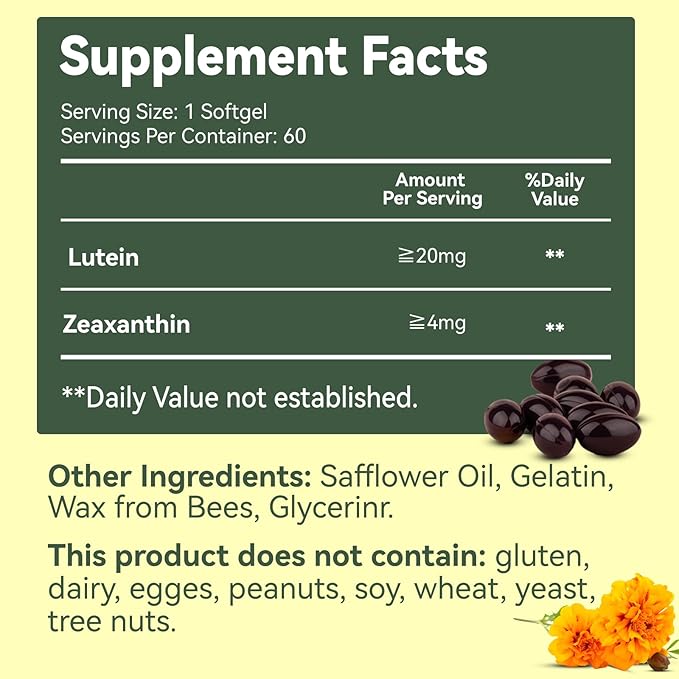 Lutein for Eyes, Lutein 20mg, Lutein and Zeaxanthin Supplements, Eye Supplements, Eyestrain Relief & Support Vision Health, Vegan, 60 Softgels