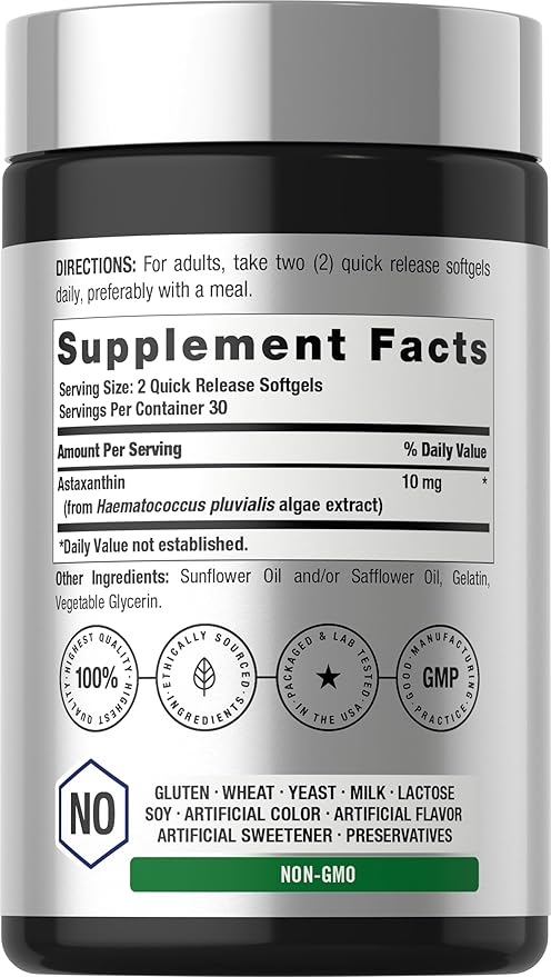 Horbäach Astaxanthin Supplements | 10mg | 60 Softgels | Algae Derived Formula | Non-GMO, Gluten Free