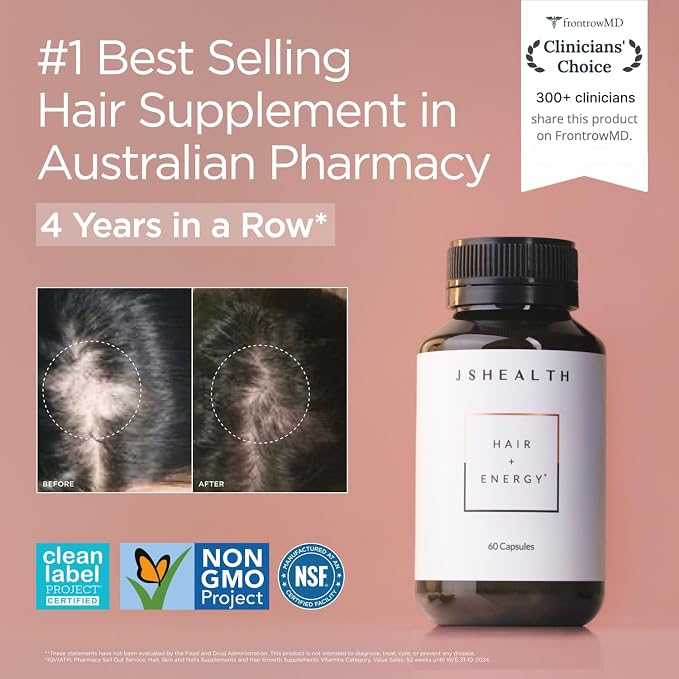 JSHealth Hair Growth Vitamins for Women. Hair + Energy with Kelp Iodine and Zinc. Supports Thickness, Strength, Energy. Nutritionist-Formulated (30 Capsules)